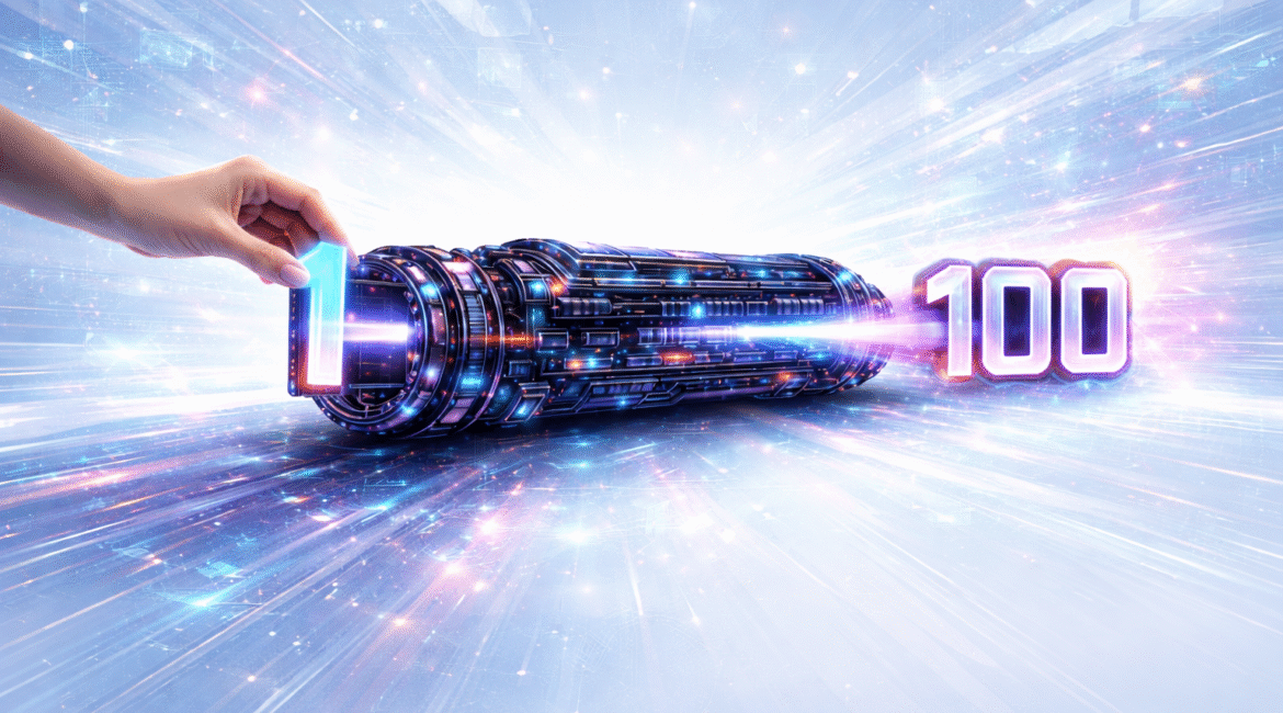 AI machine transforming numbers in neon